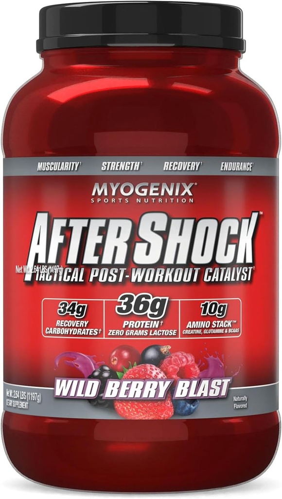 Myogenix Aftershock Pós de treino em pó – Whey Protein com carboidratos para recuperação muscular e reabastecimento – Wildberry Blast, 3 lbs