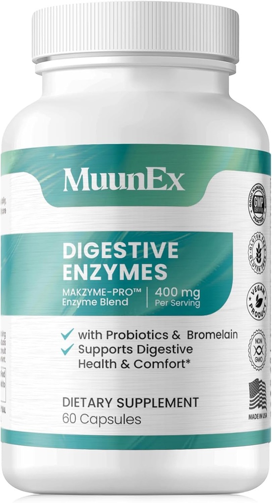 Enzimas Digestivas com Probióticos - Nova Fórmula para Refeição Desconforto de Tempo e Enzimas Digestivas - Bromelain, Enzima de Papaya, Probiótico, Enzimas Lactase para Digestão - Vegan - 60 Ct