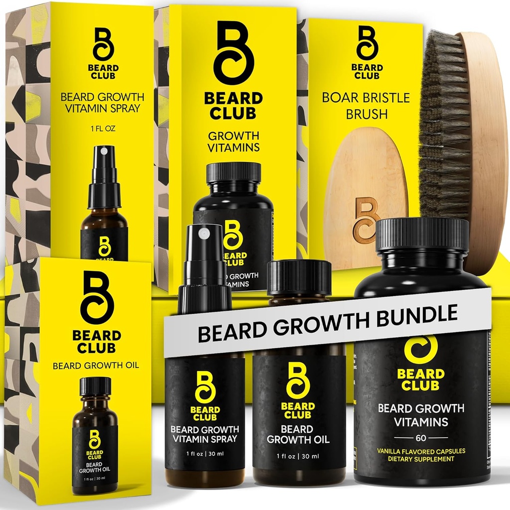 Beard Club Premium Beard Growth Kit - Óleo de Crescimento, Vitaminas, Pulverização de Vitaminas e Escova de Bristle - Conjunto de presentes