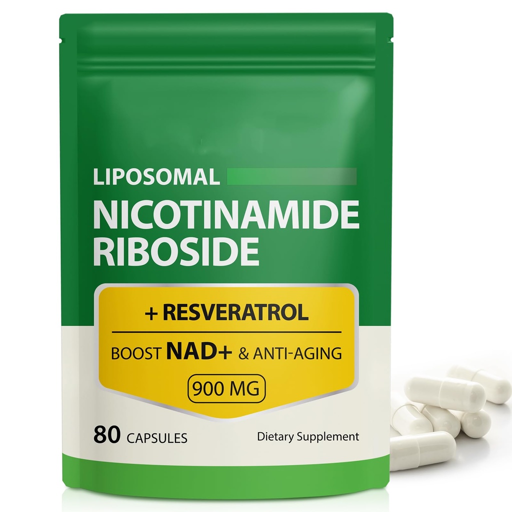 NAD Supplement, 900mg - Nicotinamida lipossómica Riboside NAD+ Suplemento com Resveratrol Suporta Músculo, Cérebro, Energia Celular - NMN Suplemento Alternativo para Homens e Mulheres, 80 Cápsulas (Pacote de 1)