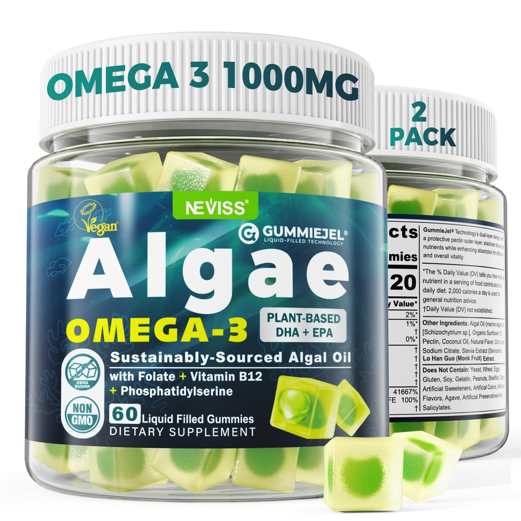2 Pacote Algas Omega 3 chicletes 1000mg, planta baseada DHA 460mg & EPA 230mg, Omega 3 óleo de peixe Alternativa para adultos, Mais metilfolato, Vitamina B12, Fosfatidilserina, Sem gosto de peixe, Vegan, Açúcar livre