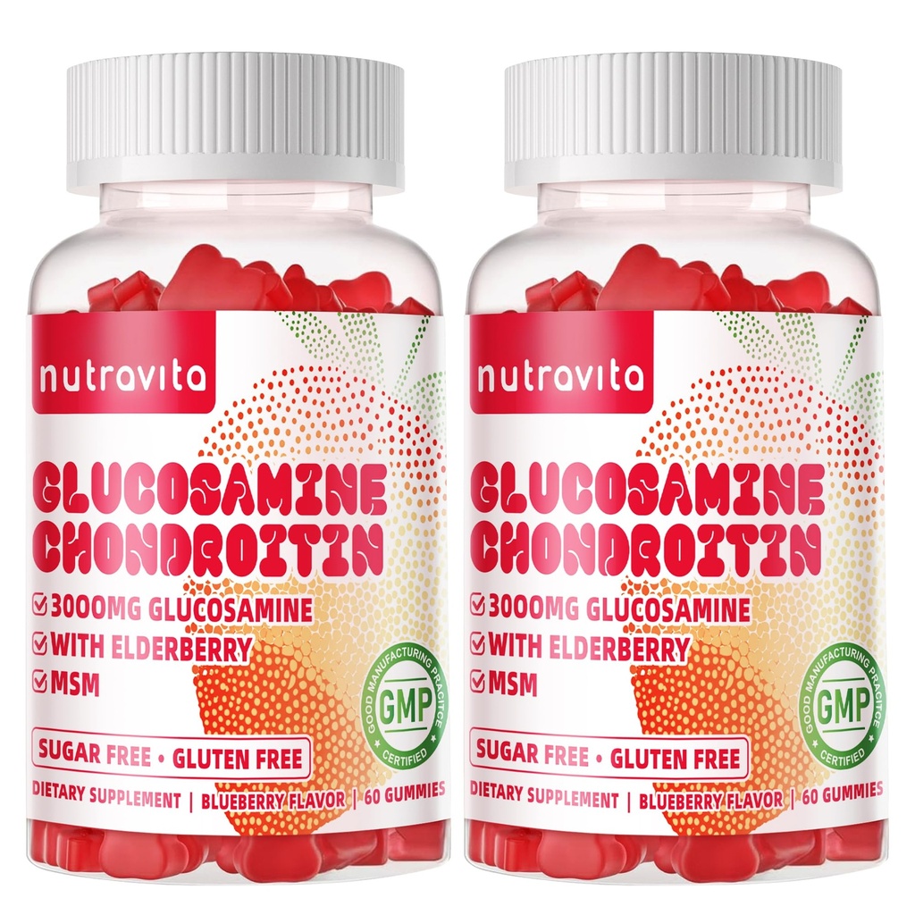 Nutravita Glucosamina Condroitin Gummies com HSH & Elderberry Força Extra - Apoio Conjunto, Suplemento de suporte imunológico antioxidante para adultos, homens e mulheres. 120 Chews de morango