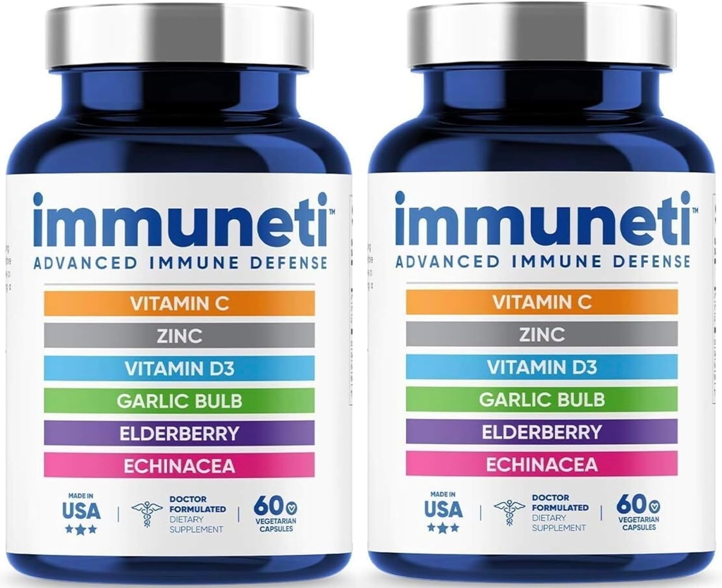 Immuneti - Defesa Imune avançada, 6-em-1 Mistura poderosa de vitamina C, Vitamina D3, Zinco, Elderberries, Bolbo de Alho, Echinacea - 2 Pack - Suporta Saúde Geral