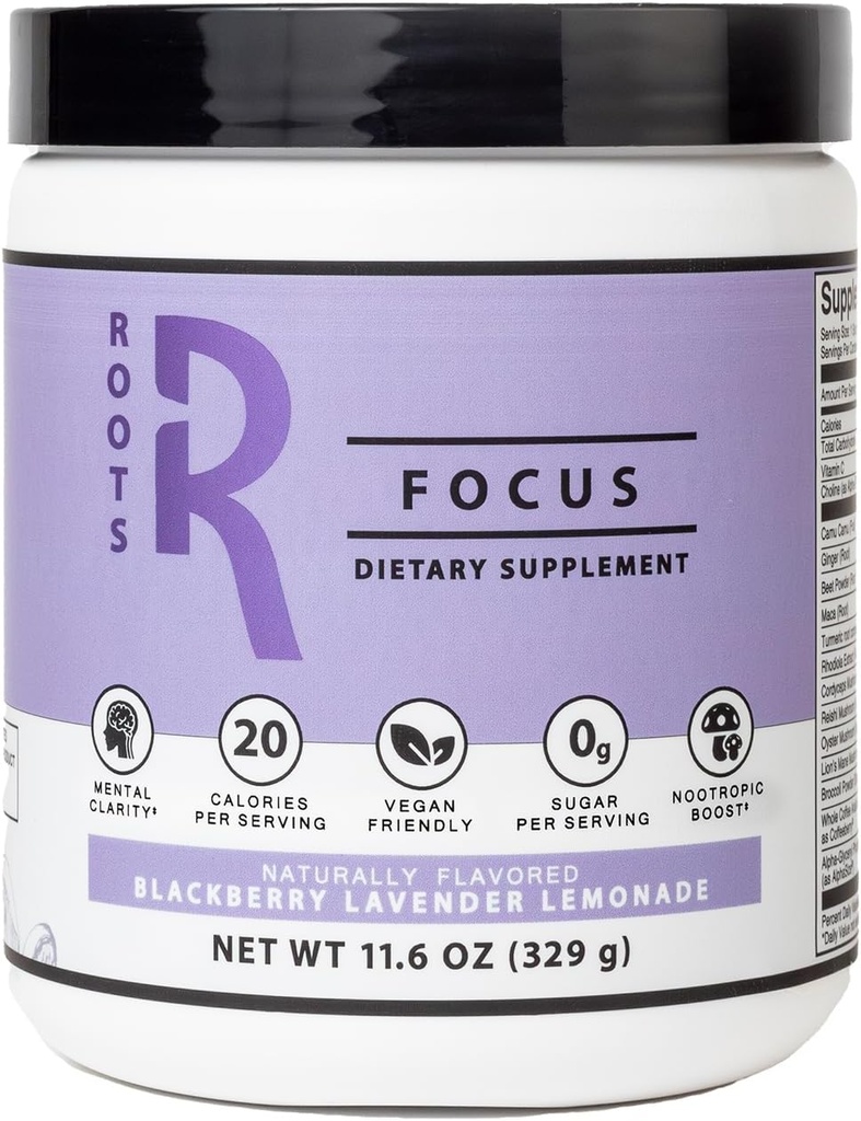 Silver Star Nutrition, Roots Focus Nootropic Brain Supplement - BlackBerry Lavander Limonada, Mistura de Mane de Leão, Cordyceps, & Reishi Functional Mushrooms + Extended-Release Caffeine, 50 Servings