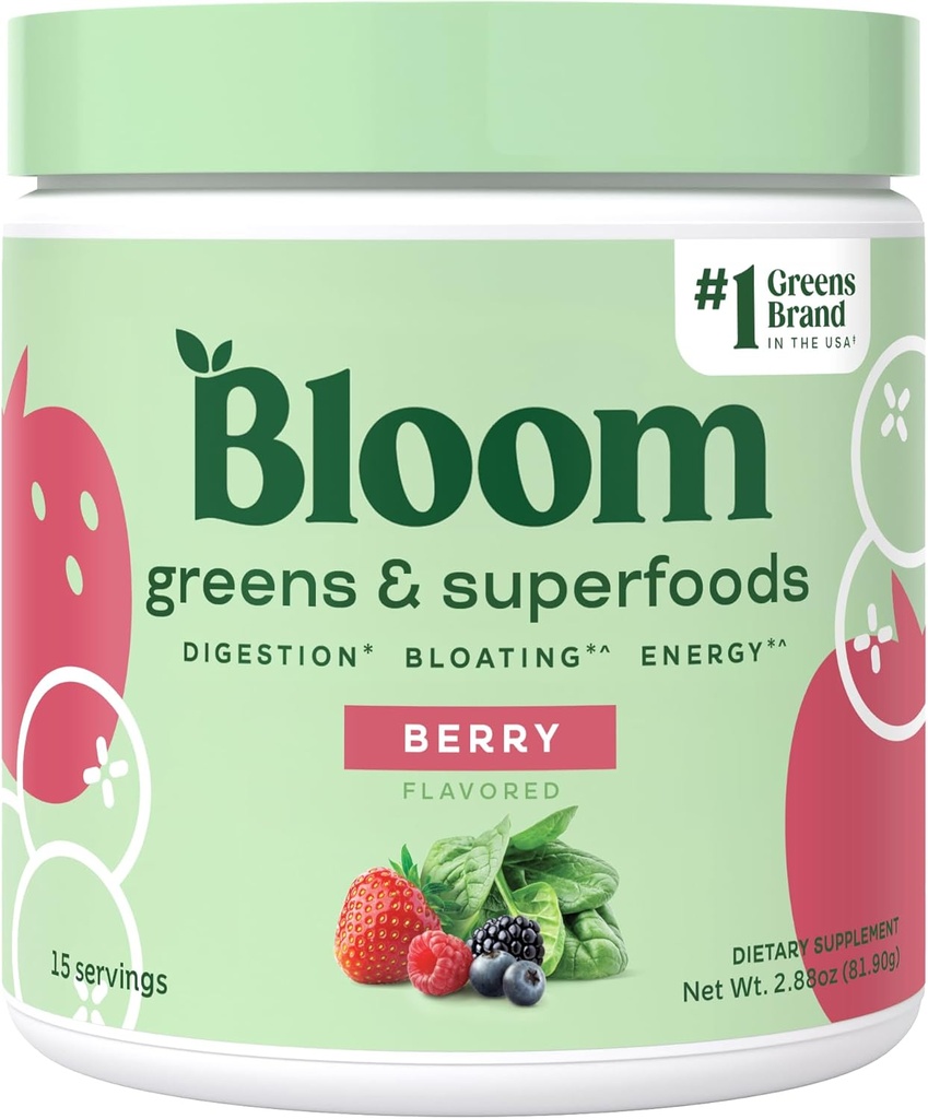 Bloom Nutrition Superfood Greens Pó, Enzimas Digestivas w/Probióticos & Prebióticos, Gut Health, Bloating Alief for Women, Chlorela, 15 SVG (15 Servings (Pacote de 1), Berry)