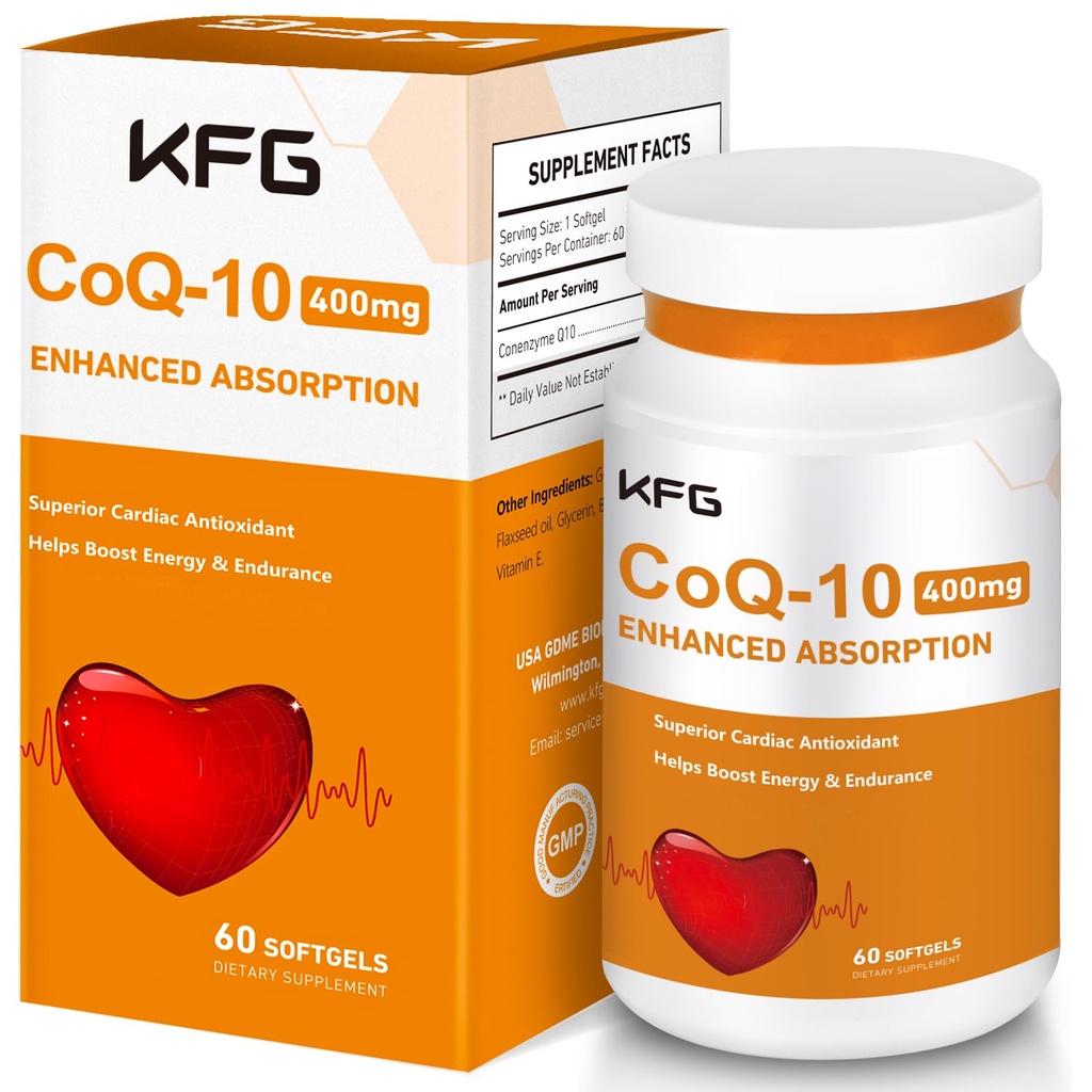 KFG CoQ10 400mg Softgels, Coenzyme Q10 Suplementos Apoio à saúde do coração, saúde cardiovascular, sistema imunológico e produção de energia celular, sem glúten