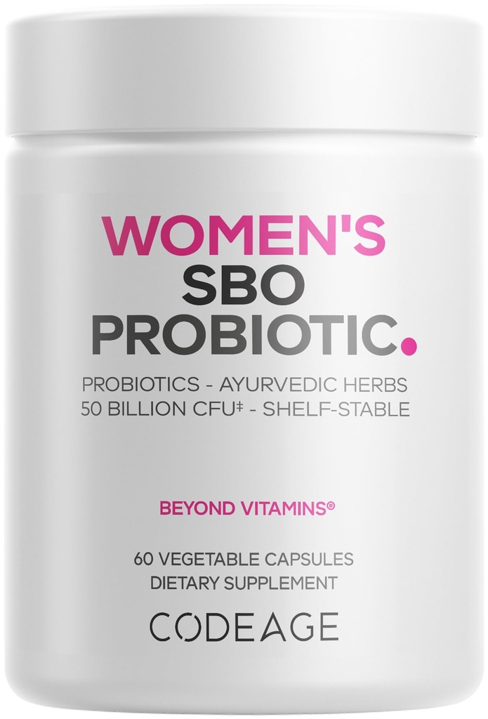 Codeage Suplemento de Probióticos Femininos - 50 bilhões de UFC - SBO Probióticos & Prebióticos - Cranberries - Saúde Feminina - Fermentada Mistura Botânica, Suplemento Alimentar Integral - Vegan, Não-GMO - 60 Cápsulas