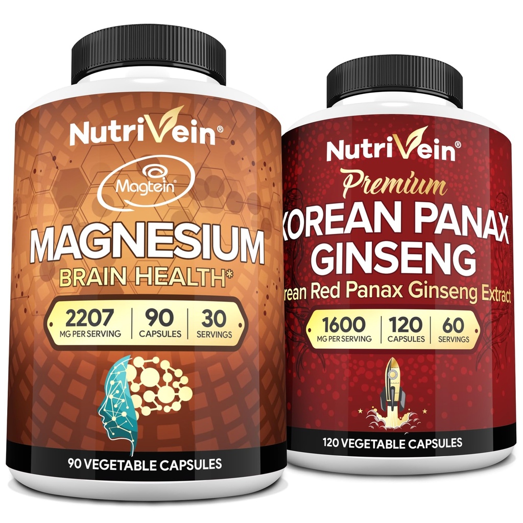 Nutrivein Premium Magnésio L-Threonato & Panax Ginseng Suplemento Pacote: alta absorção Magnésio Treonato e Red Ginseng Suplemento Par para Cérebro, Humor, & Vitalidade