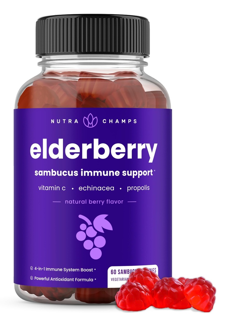 NutraChamps Elderberry Gummies com Vitamina C, Própolis e Echinacea - Sistema Imune Suporte Vitaminas Gummy para Adultos e Crianças - Força máxima 200mg Sambucus Antioxidant
