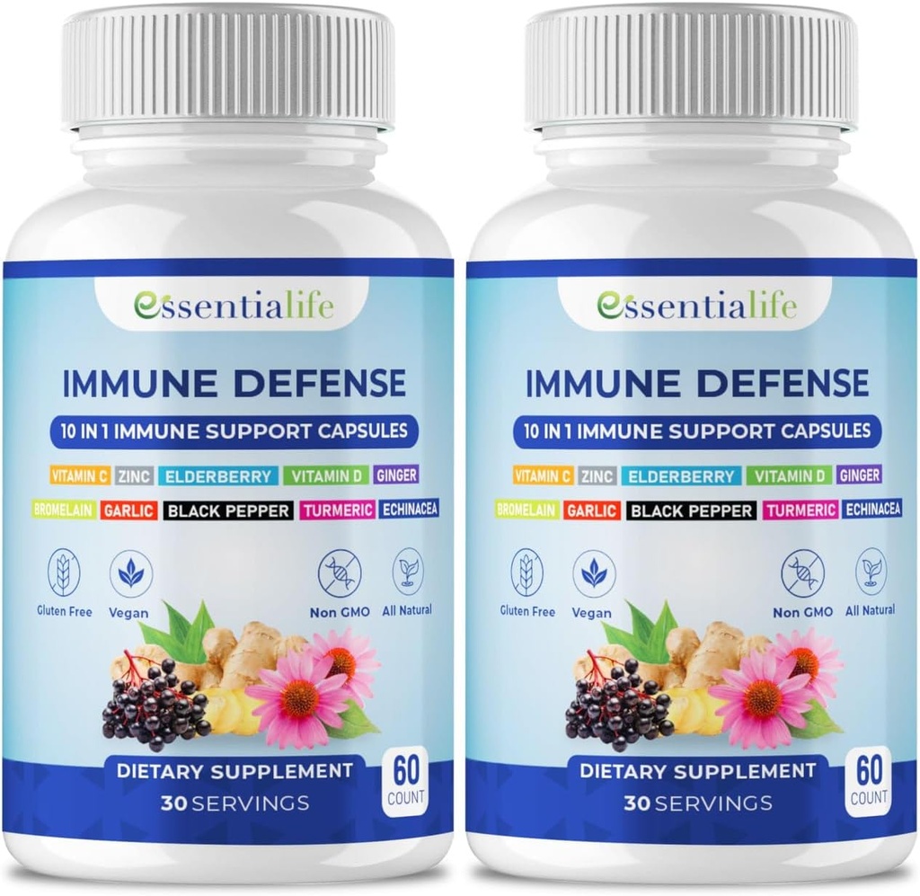 Suplemento de suporte imunológico - 2 embalagens 10 em 1 Elderberry, Echinacea, Vitamina D, Vitamina C 1000mg e Zinco Suplemento - com Imune Booster para Adultos - 120 cápsulas de vitaminas