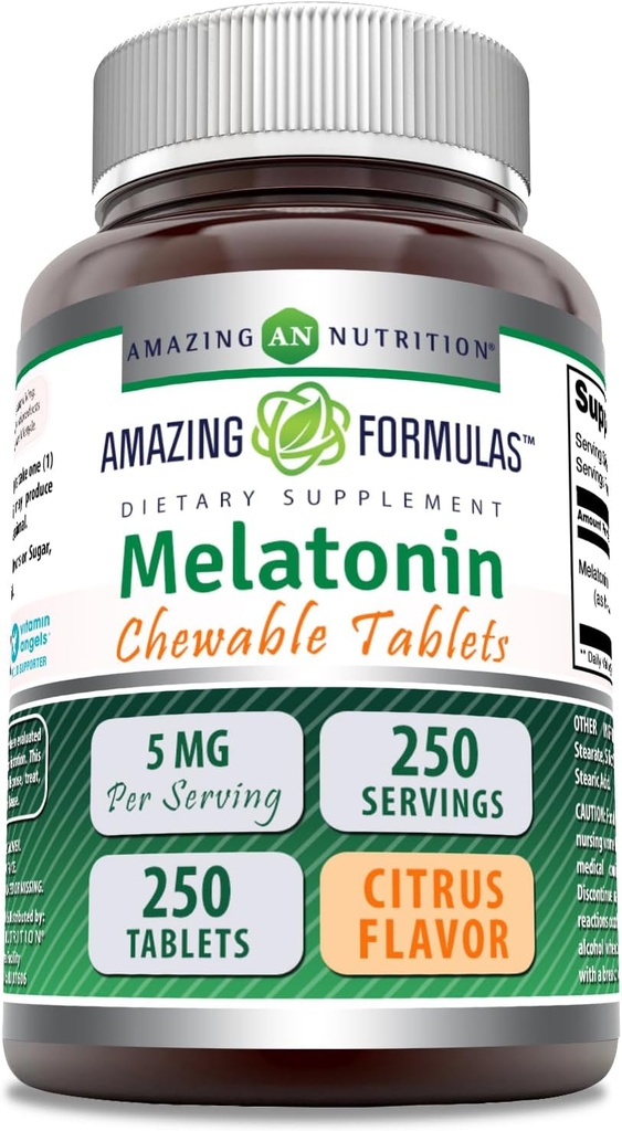 Fórmulas surpreendentes Melatonina Chewable Supplement 5 Mg Per Serving 250 Comprimidos Não-GMO Não-Gluten-Free □ Made in USA (Citrus Flavor)
