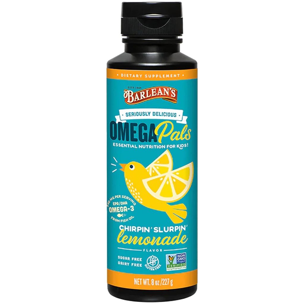 Barlean's Omega 3 suplemento líquido de óleo de peixe para crianças, Chirpin' Slurpin' Limonada, 540 mg de EPA e ácido gordo DHA, 8 onças
