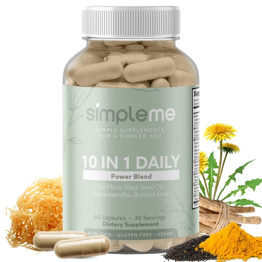 Burdock Root Organic and Bladderwrack 10 in 1 Immunity Booster Power Blend with Irish Sea Moss, Ashwagandha and Black Seed Supplement for Men and Women, Seamoss Pills Herbal, Vegan - 60 Cápsulas