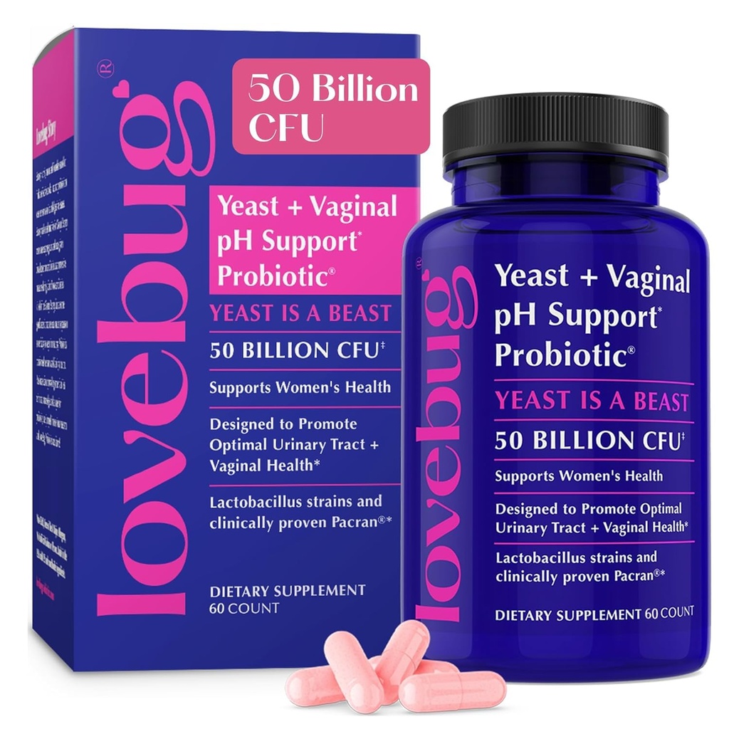 Lovebug Levedura e Probióticos Vaginais para Mulheres pH equilíbrio & trato urinário, 50 bilhões UFC, ITU, BV, Odor Suporte com Lactobacillus, Bifidobacterium, Digestive & Vaginal Health Supplement 60 Cápsulas