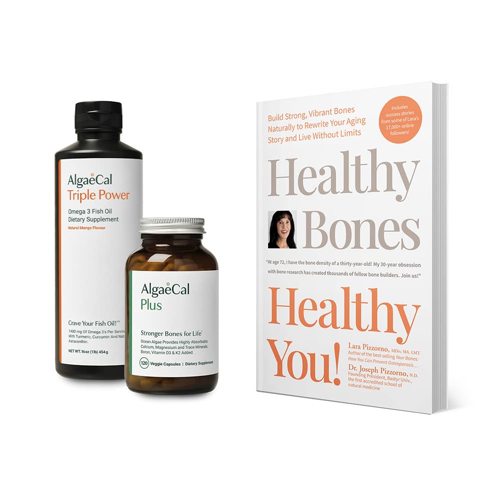 ALGAECAL Bundle - Suplemento de cálcio com vitamina D + K2, Mag, Boron & Omega 3 óleo de peixe com EPA & DHA e livro de Lara Pizzorno saudável ossos saudável você, para aumentar a saúde óssea