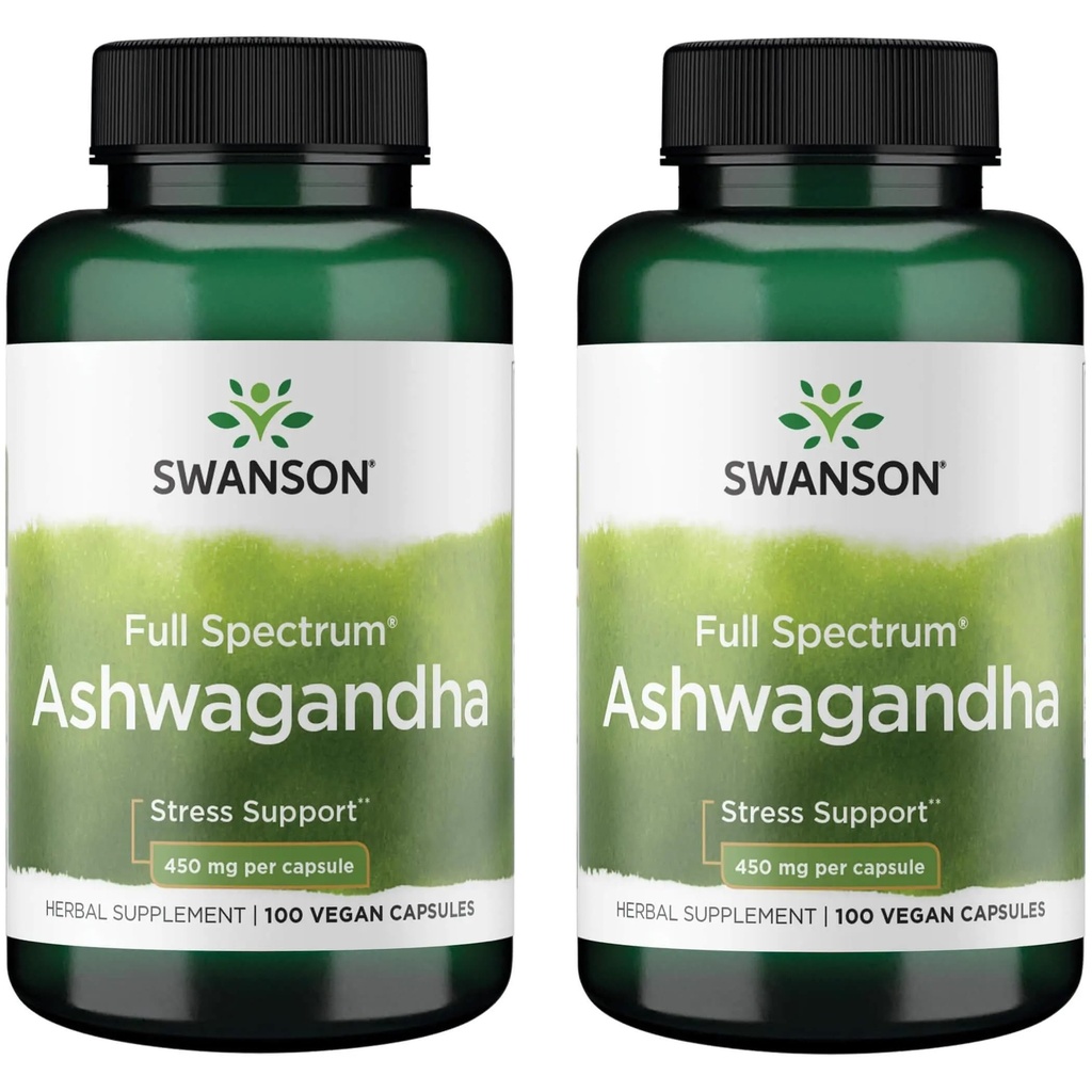 Swanson Ashwagandha Powder Supplement - com Ashwagandha Root para promover alívio de estresse e energia - Suplemento ayurvédico para bem-estar natural (100 cápsulas, 450mg cada) 2 Pack