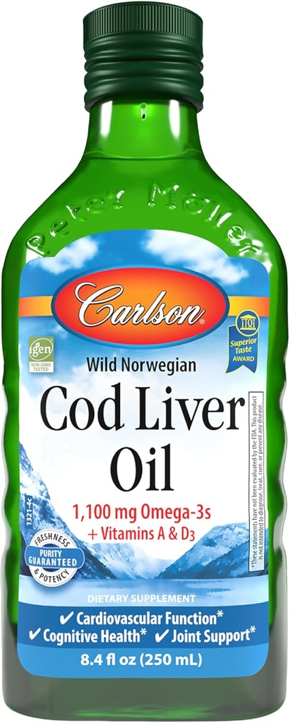 Carlson - Óleo de fígado de bacalhau 1100 mg Omega-3s Plus Vitaminas A & D3 - Wild Caught EPA DHA Omega 3 Suplemento - Norueguês Ártico, óleo de peixe nórdico de origem sustentável líquido, sem sabor, 250 ml (8,4 Fl Oz)