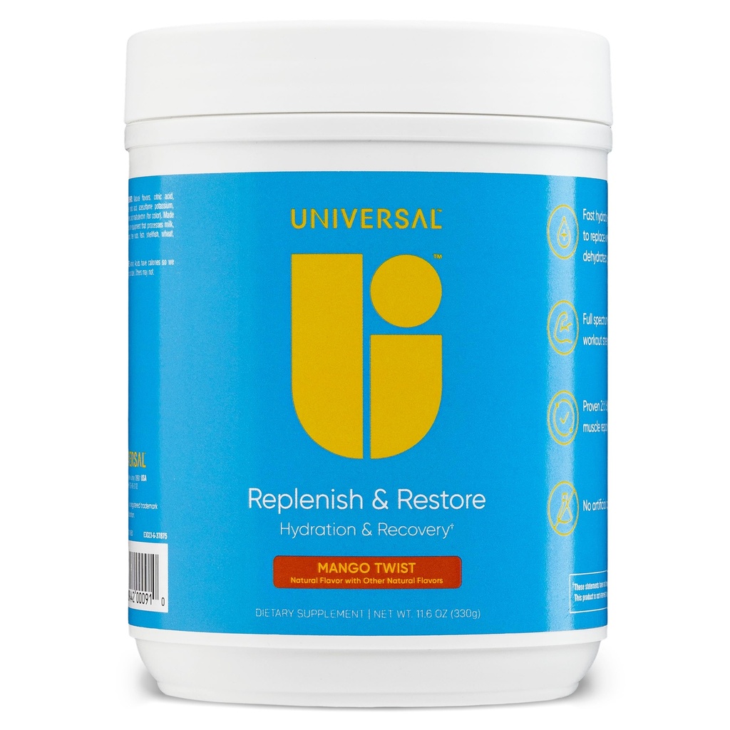 Universal U Repleny & Restaurar Pó, Hidratação e Recuperação, Promove reparo e crescimento muscular, Dosagem personalizada, L-Lysine, L-Glutamina, L-Tryptophan, Sem sabores artificiais, 30 Servings (Mango Twist)