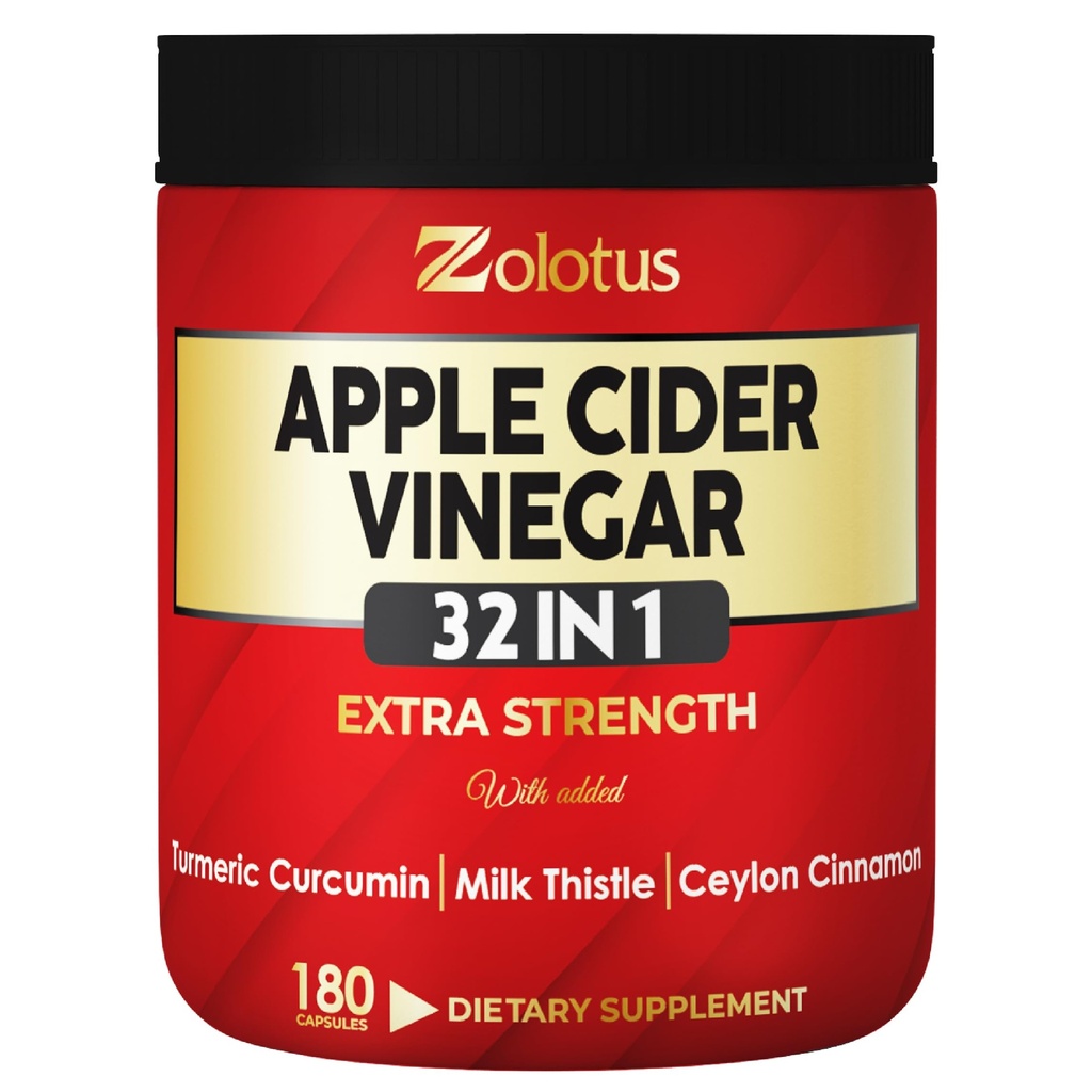Zolotus 32in1 Apple Cider Vinagre Cápsulas com Açafrão, Canela, Cardo de Leite, Elderberry, Quercetin e Mais para suportes Digestion, Imune - 180 Cápsulas