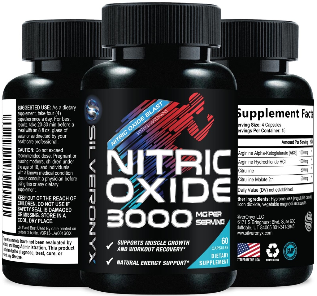 Suplemento de óxido nítrico de força extra 3X de força L Arginina, malato de citrulina, AAKG, Beta Alanine - Premium Muscle Suportando Booster Nitric - Natural Energy & Heart Health Support - 60 Cápsulas