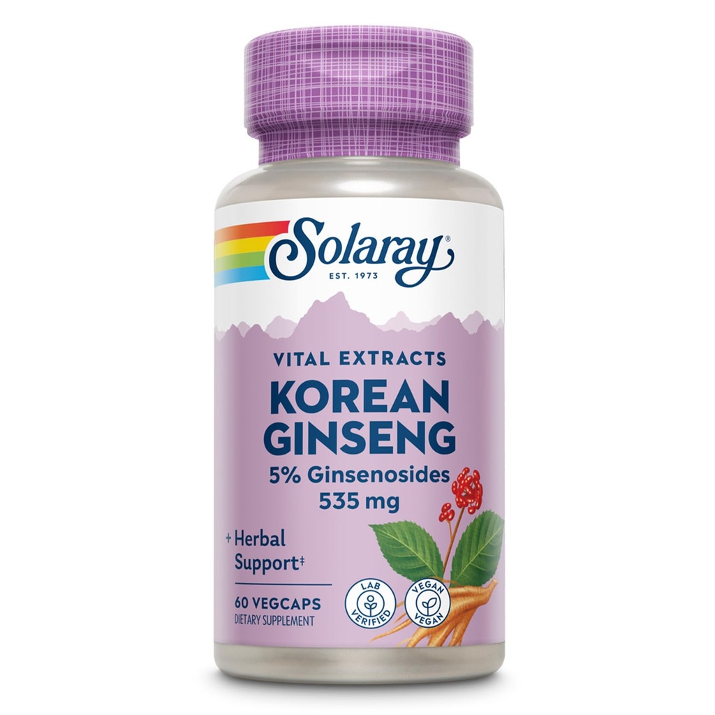 SOLARAY Korean Ginseng Root Extract - Suporte à ervas para estresse ocasional, energia e resistência física - 5% Ginsenosides - Vegan, Lab verified - 60 Servings, 60 VegCaps