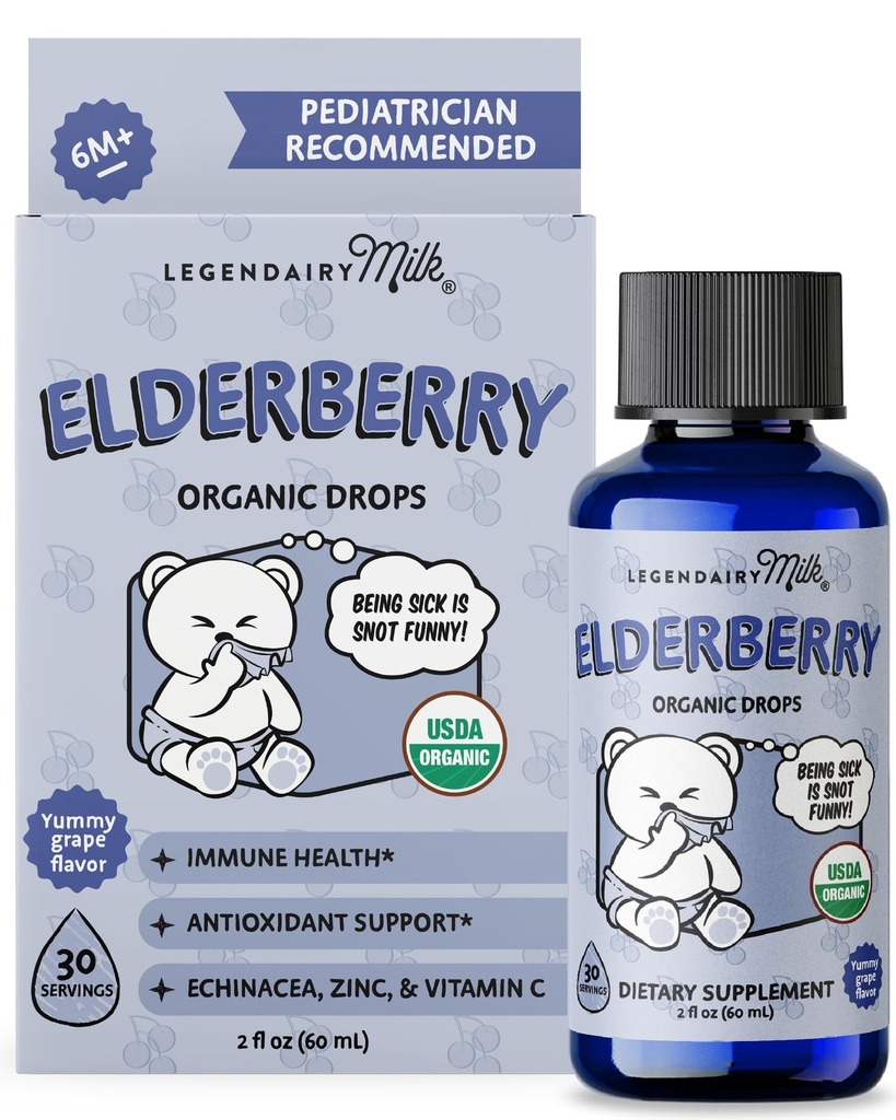 Legendairy Milk Organic Elderberry Drops - Multivitamin bebê com Echinacea, Vitamina C & Zinco para apoio imunológico - Ideal para bebês e crianças, Não-GMO - 30 Servings