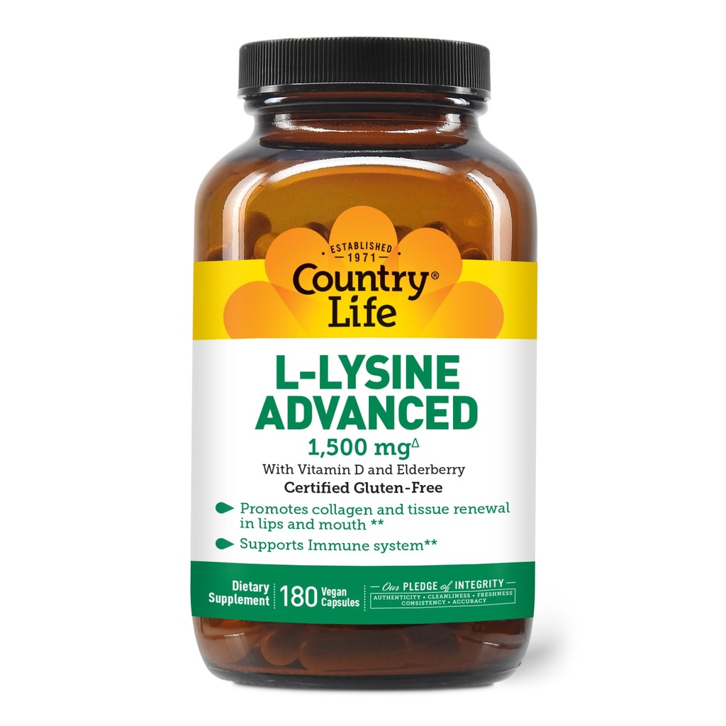 País Vida L-Lysine 1500mg Cápsulas com vitamina D & Elderberry – Suporte imunológico avançado e renovação de colágeno – Certificado Gluten-Free & Vegan – 180 Cápsulas