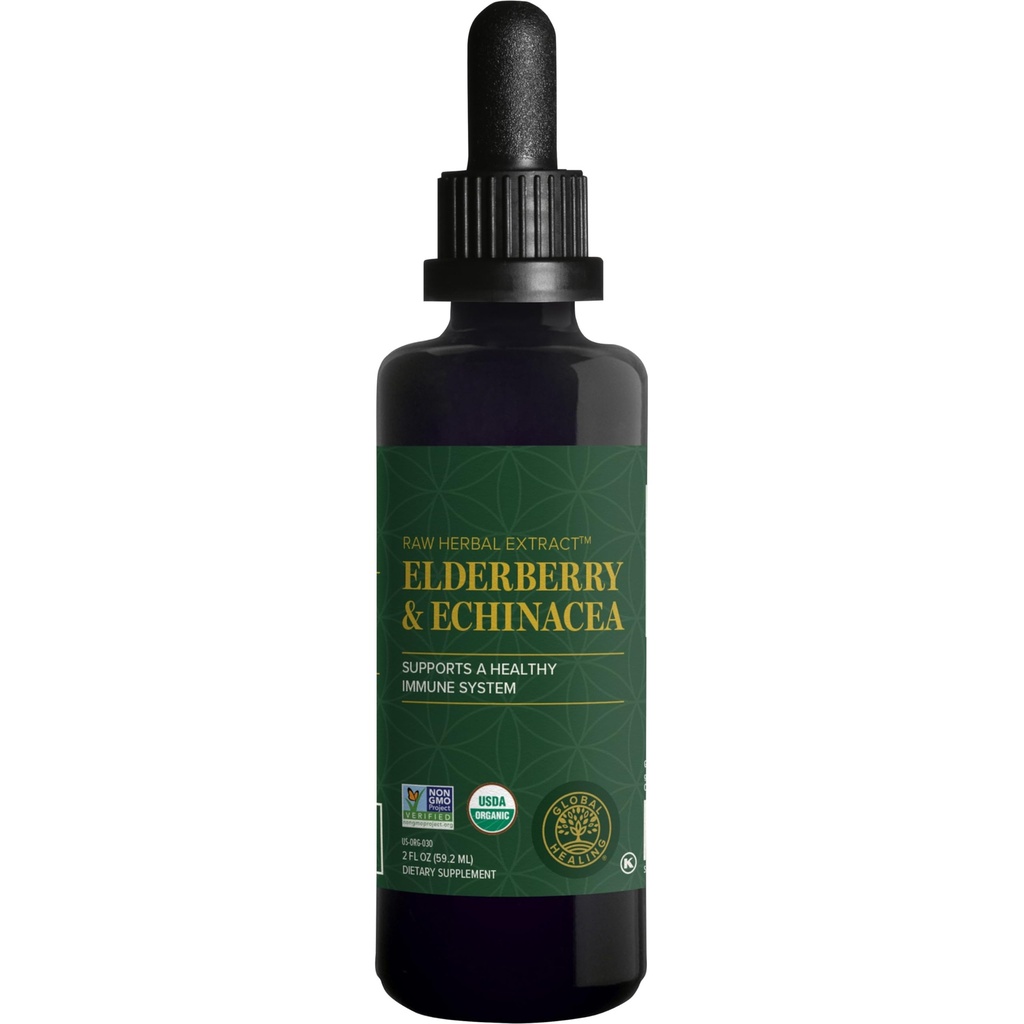 Global Cura USDA Organic Elderberry & Echinacea Liquid Supplement Tintura □ Antioxidante Imune Support Against Harmful Organisms for Adults and Kids, Vegan, Non-GMO, 1-Month Supply (2 Oz)