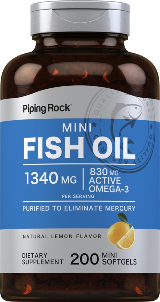 Piping Rock Mini Fish Oil 1340mg 200 Softgels Suplemento Omega-3 para homens e mulheres sabor limão não-GMO e sem glúten