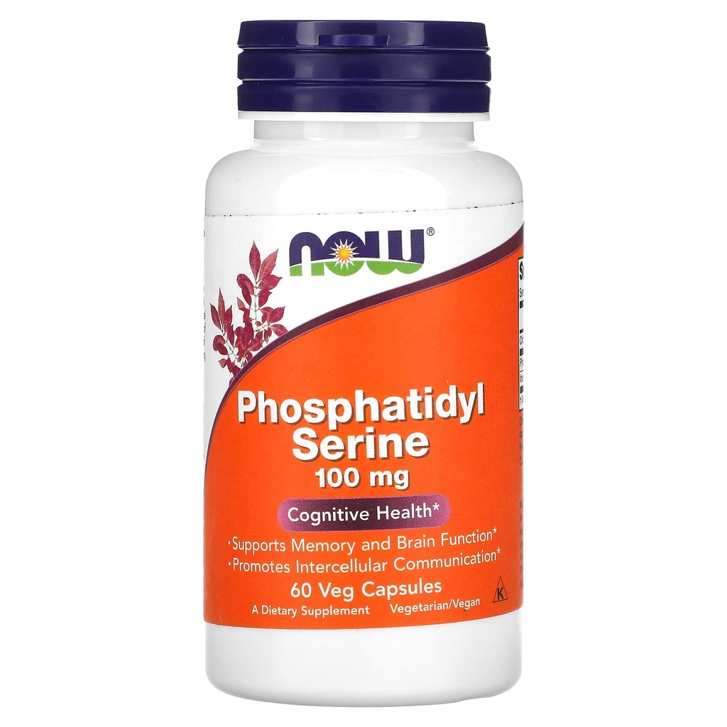 Now Foods Supplements, Phosphatidyl Serine 100 mg com composto fosfolípido derivado de Soy Lecithin, 60 Veg Cápsulas
