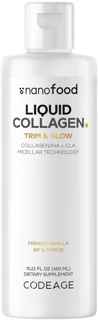 Codeage Líquido Colágeno Suplemento Vanilla Flavor, Beleza Trim & Glow Liposomal Colágeno Peptídeos, CLA conjugado ácido linoleico, ácido hialurônico, vitamina E, hidrolisado, não-GMO, 15,22 fl oz