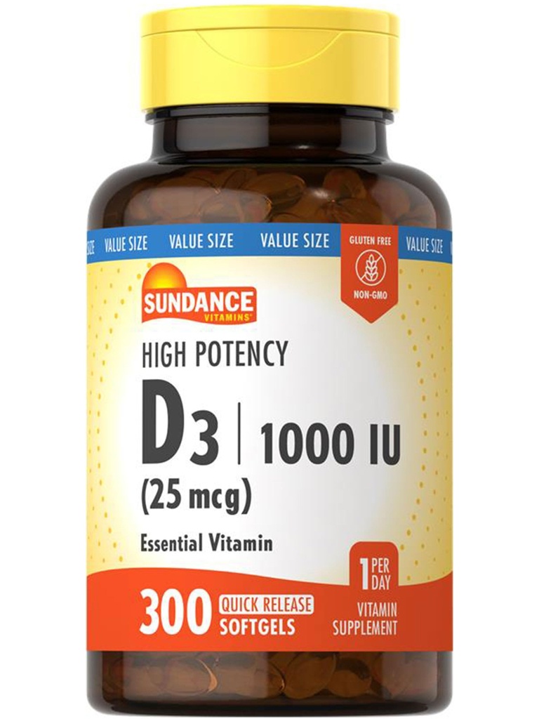Sundance Vitamina D3 1000 UI 300 Softgels Ou seja, alta potência Fórmula de Vitamina Essencial Não-GMO e Suplemento sem glúten