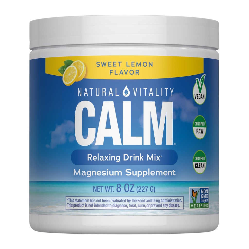 Natural Vitalidade calma, Suplemento de magnésio, Anti-Stress Beber Mix Pó, Glúten livre, Vegan, & Não-GMO, Limão doce, 8 onças