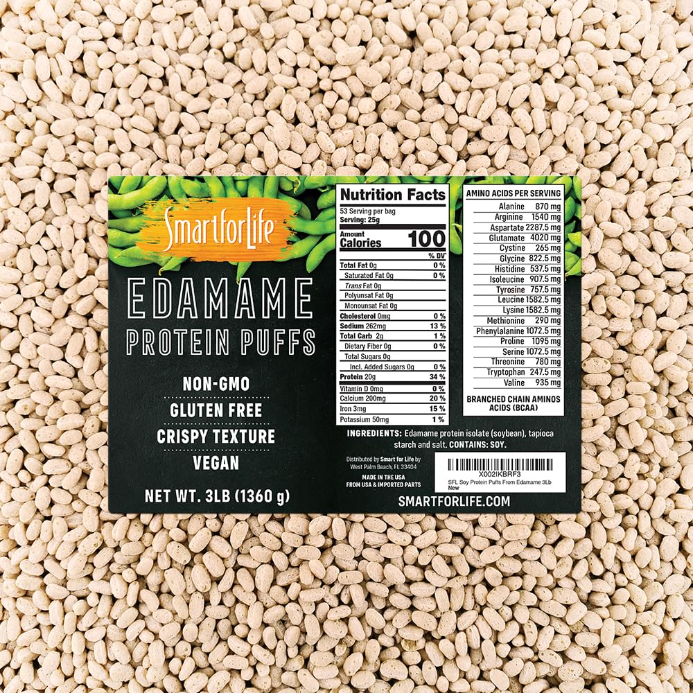 Puffs de proteína de soja inteligente para a vida de Edamame - Alta proteína zero açúcar Soja proteína isolate Puffs - 20 Grams Snacks proteína - Não-GMO, sem glúten - 3 Caixa de libra - 53 Servings - Soja Puffs...