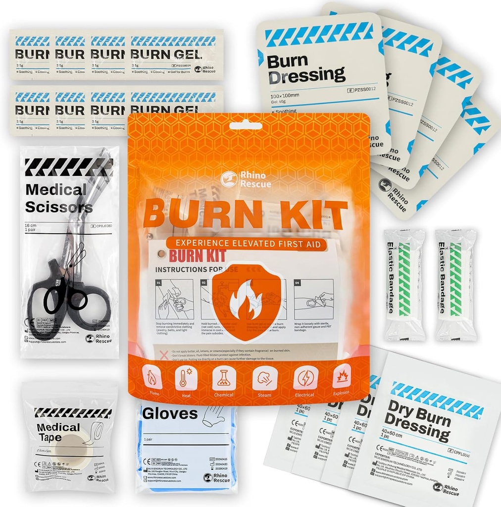 RHINO RESCUE Burn Kit, 4pcs Dressings de queimadura 4x4”, 8pcs Burn Gel Packets 3.5g, 4pcs Burn Pads, Kit de primeiros socorros aliviando alívio creme com bandagem, luvas de nitrilo, tesouras, fita, HSA /FSA elegíveis