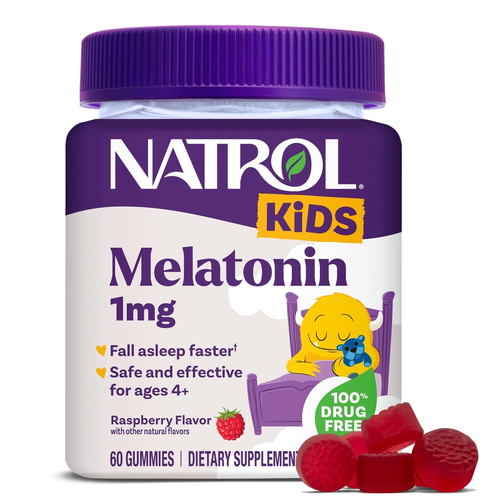 Natrol Kids Melatonin Gummies 1mg, Melatonina infantil para repouso, 60 gomas de sono framboesa-Flavored, 60 suprimentos de dia