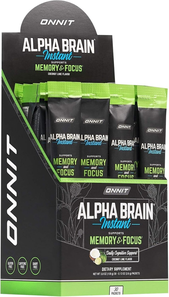 ONNIT Alpha Brain Instant - Flavor de Limão de Coco - Suplemento de Memória Nootropic Brain Booster - Suporte ao Cérebro para Foco, Energia e Clareza - Alpha GPC Choline, Garra de Gatos, L-Theanina, Bacopa - 30ct
