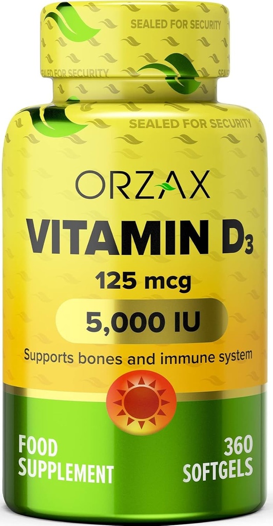 ORZAX Vitamina D3 5000 iu (125 mcg) – Não-GMO, sem glúten, sem açúcar, sem leite – 1 ano de fornecimento para forte função muscular e apoio imunológico – Suplemento de humor para bem-estar (360 Softgel)