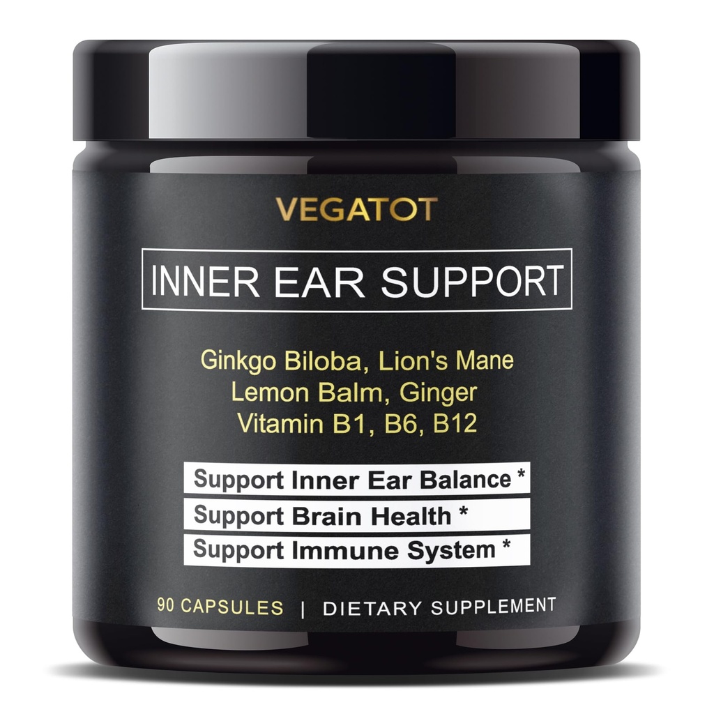 VEGATOT Vertigo Supplement * EUA Made and Tested* Inner Ear Supplement with Ginkgo Biloba Lion's Mane Lemon Balm Ginger VIT B1, B6, B12- for Tonzyness Spinning Inner Ear Balance