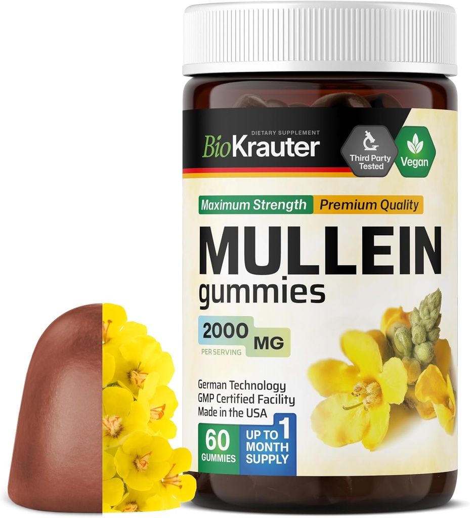 BIO KRAUTER Mullein Gummies para pulmões 2000 mg - 60 Mastigação - Suplemento Detox Pulmão - Mullein Gummies Folha - Vegan, Gelatina-livre