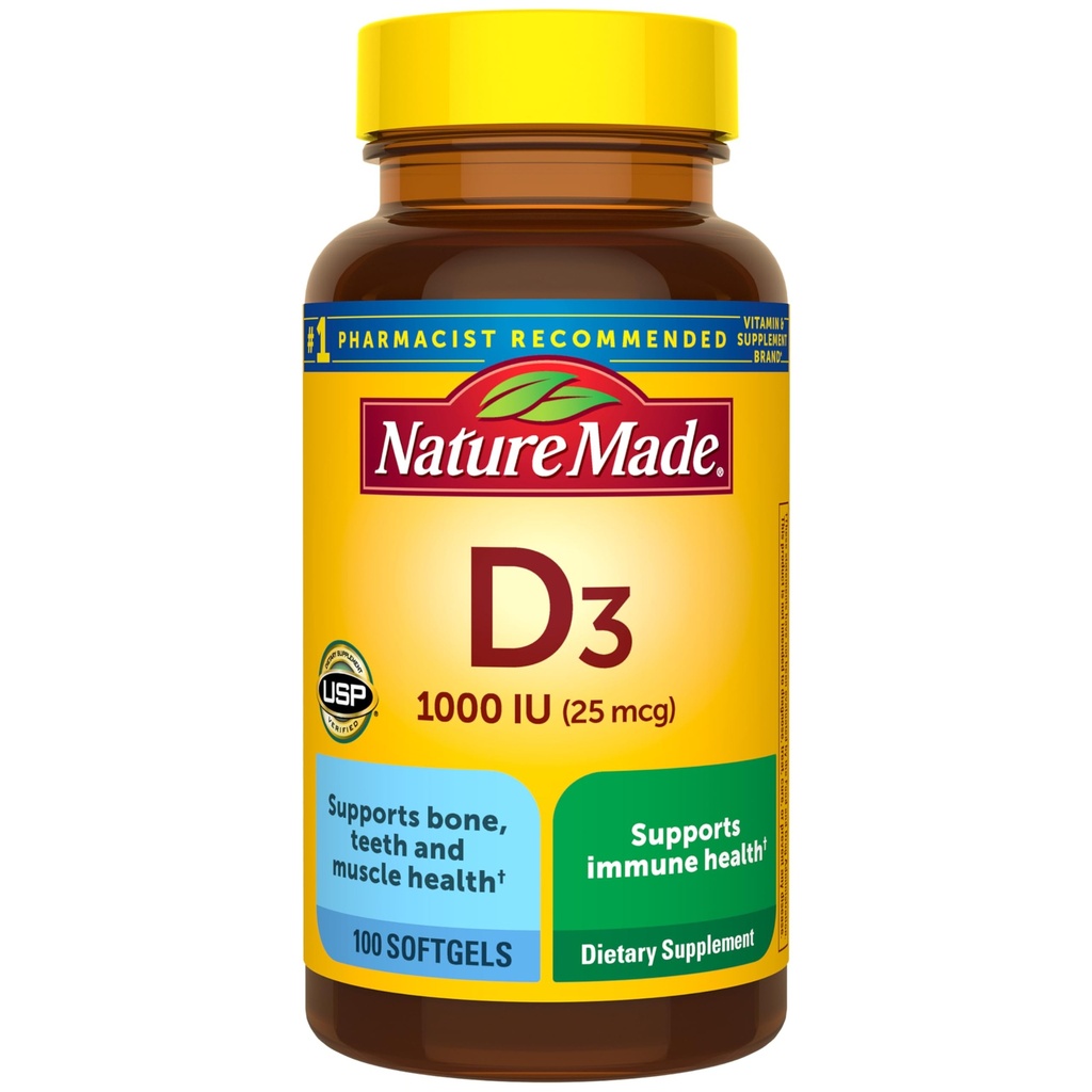 Nature Made Vitamina D3 1000 UI (25 mcg), Suplemento de vitamina D para osso, dentes, músculo e imunossuporte saúde, 100 Softgels, 100 dias de fornecimento
