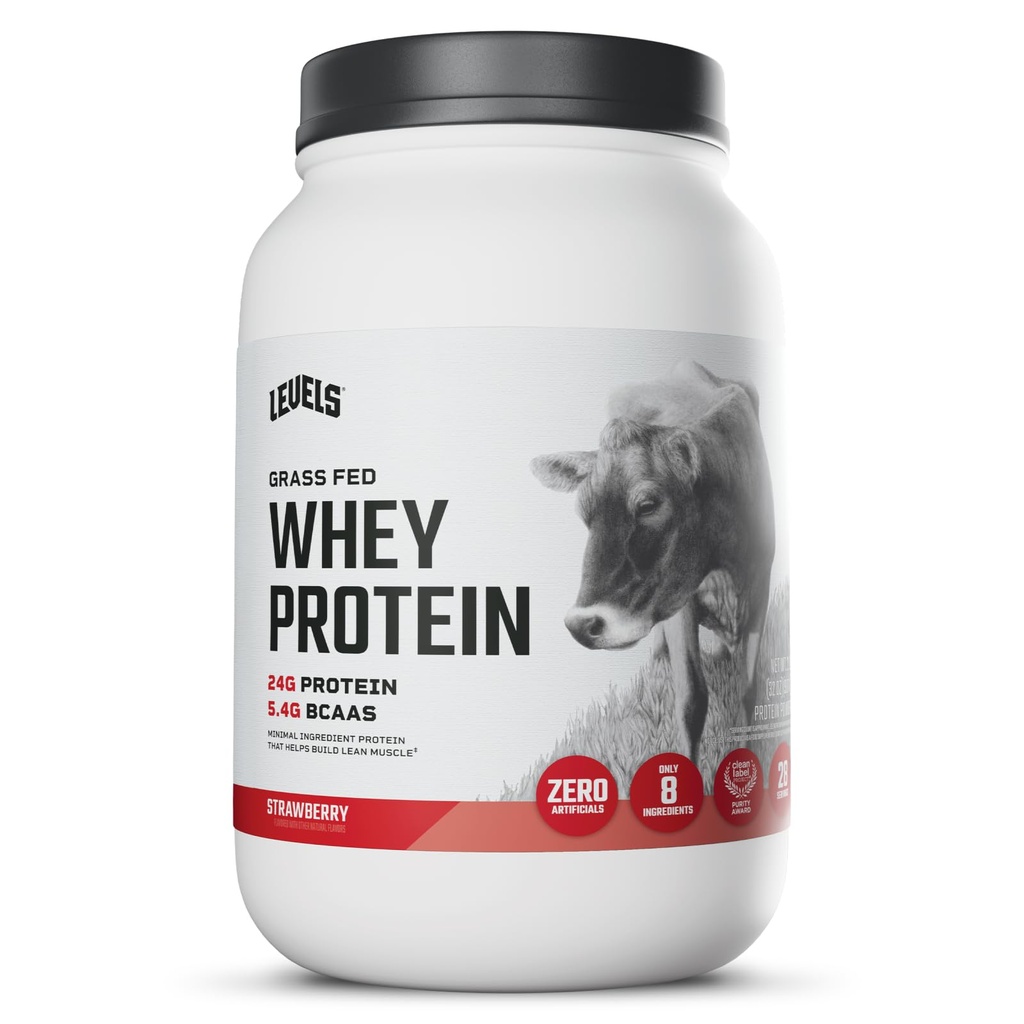 Níveis de proteína de whey alimentado de grama em pó, sem artificiais, 24G de proteína, morango, 2LB
