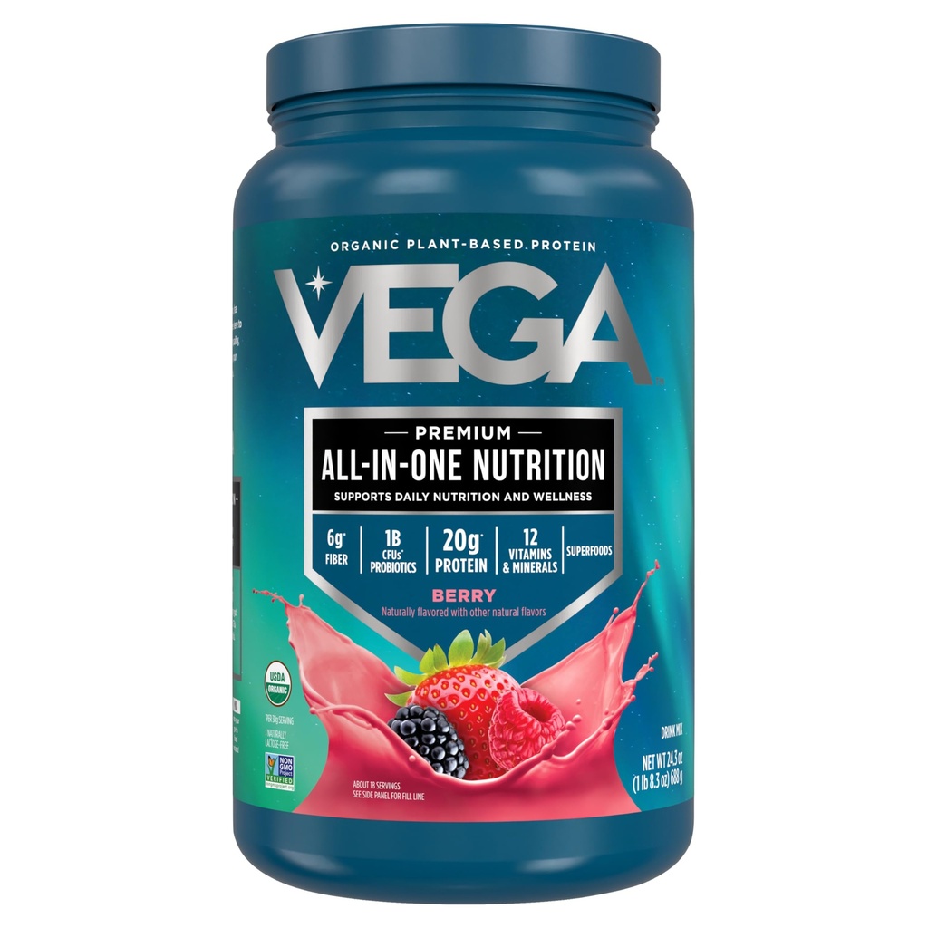 Vega All in One Nutrition Organic - 20g Proteína Ervilha Baseada em Plantas, Berry, 20 Servings, Vitaminas A & C, Probióticos, Verdes, Vegan, Keto, Gluten Free, 24.3oz (Packaging May Vary)