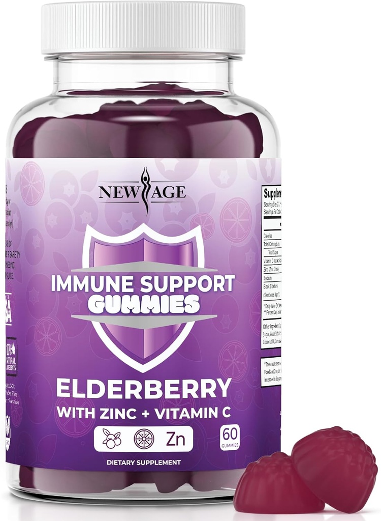 NOVAS pastilhas de suporte do sistema imunológico da idade - Sambucus Black Elderberry Gummies com vitamina C e zinco (Imune Support 60 chicletes)