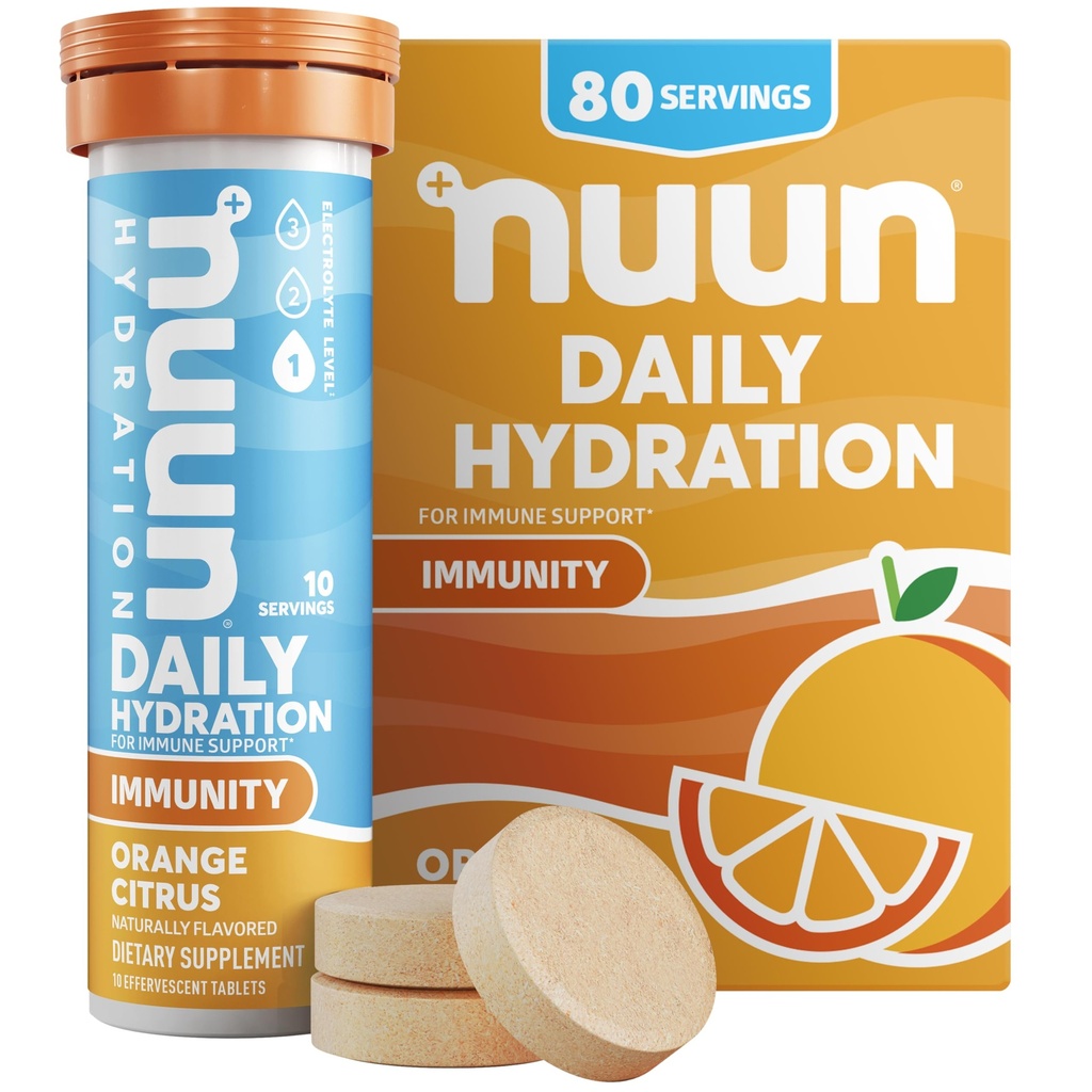 Comprimidos Eletrolíticos de Imunidade Nuun com Vitamina D, C, E, & A, Ginger, Elderberry, Magnésio & 4 Outros Eletrolitos Essenciais, Vegan, Citrus Laranja, 8 Pack (80 Servings Total)