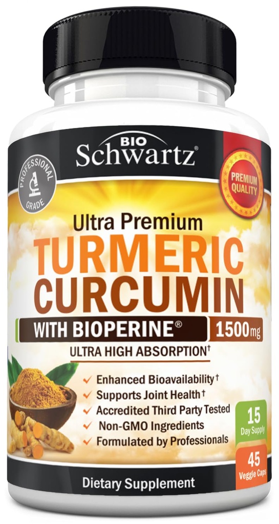 Curcumina Turmérica com Extrato de Pimenta Negra 1500mg - Suplemento Acúrmico Ultra Potente de Alta Absorção com Curcuminóides 95% e BioPerine - Cápsulas Tuméricas Não GMO para Apoio Conjunto - 45 Cápsulas