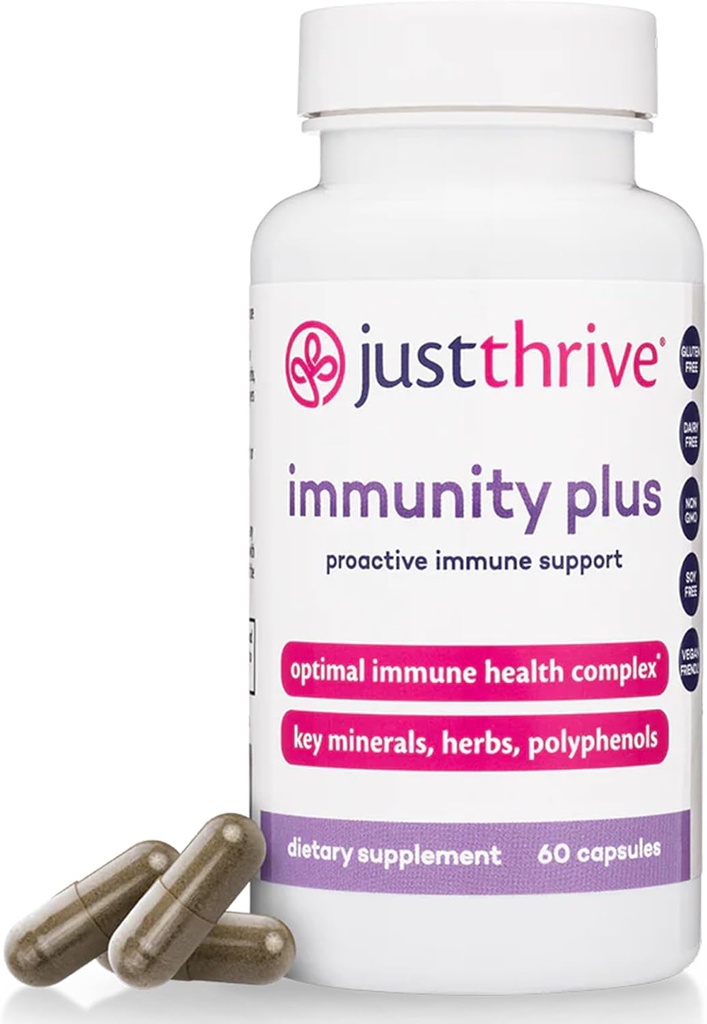 Just Thrive Immunity Plus - Vegan Gut Saúde e Imune Suporte Suplemento para Crianças e Adultos, 60 Cápsulas
