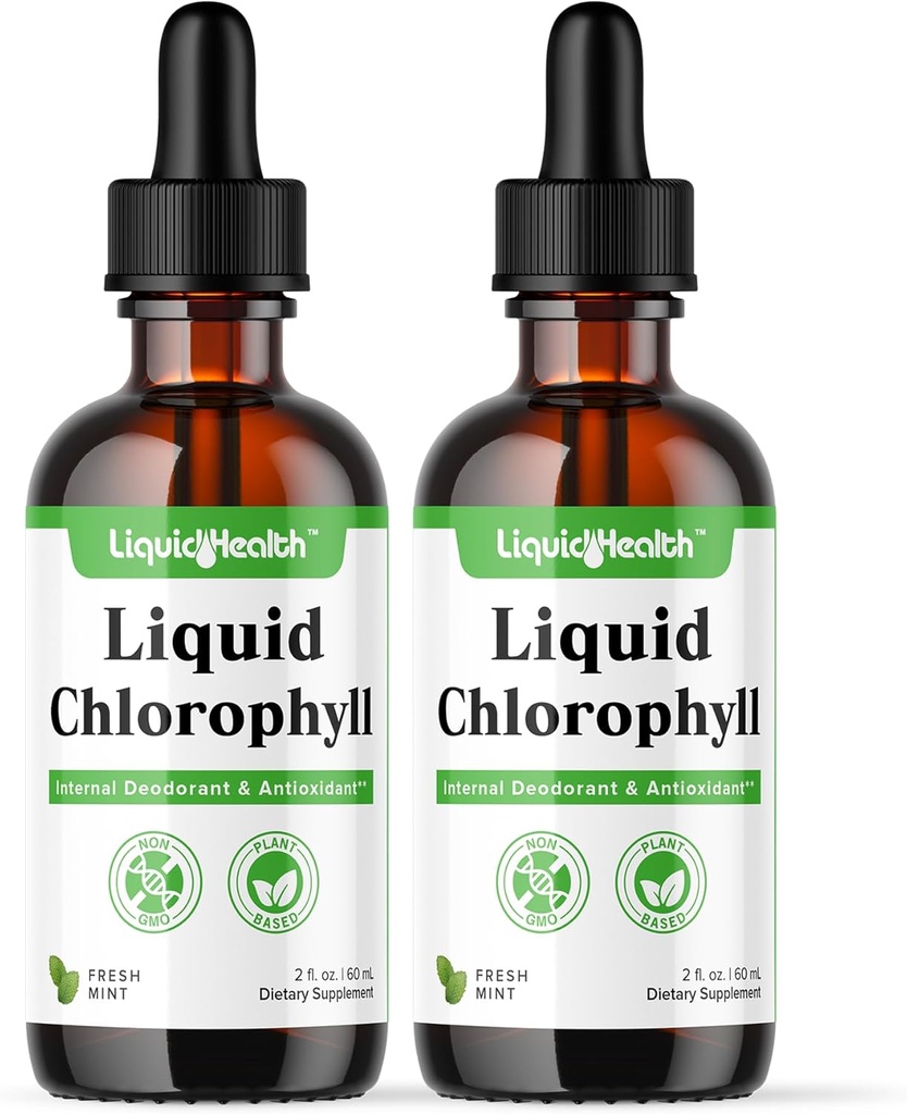 LIQUIDHEALTH Líquido Clorofila Drops - Desodorizante Interno, Antioxidantes, Detox Fígado, Suporte Imune, Aliviar a respiração ruim, Reduzir apetite, Colágeno para a saúde do cabelo e da pele - Vegan, Não-GMO (2 Pack)