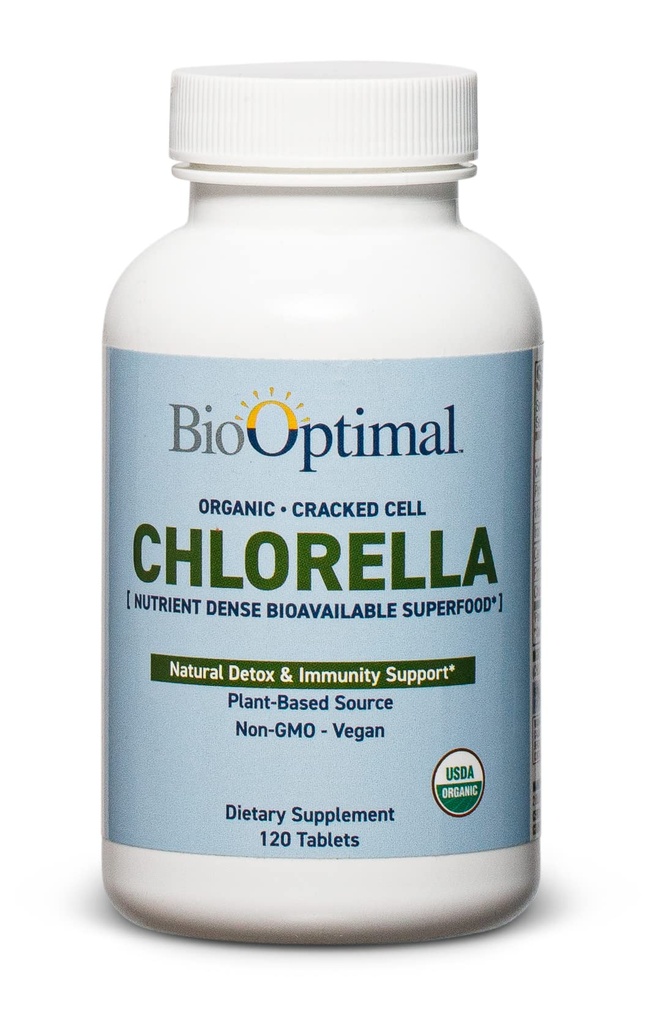 Comprimidos de chlorela orgânica BioOptimal - orgânicos, não-GMO, sem aditivos ou enchimentos - 500mg Suplemento dietético de qualidade Premium com vitaminas, minerais e antioxidantes (120 comprimidos)