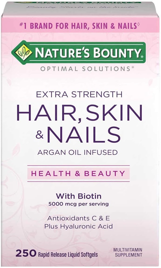Pele e unhas do cabelo da recompensa da natureza 5000 mcg de biotina - 250 comprimidos revestidos de força regular e extra (força extra, duas garrafas cada um de 250 Softgels)